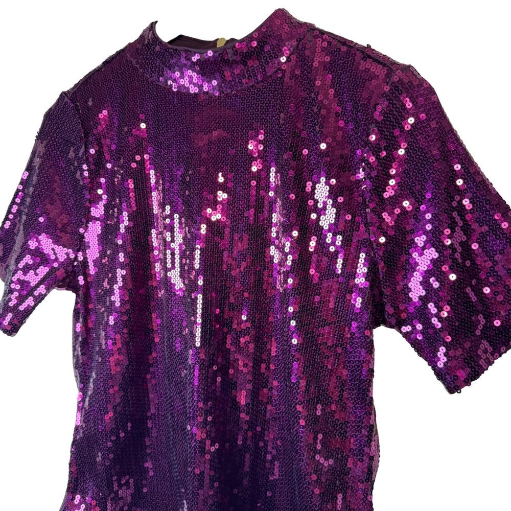 Michael Kors Womens Top Medium Sequin Short Sleeve Party Festive Purple Burgundy - Picture 2 of 9